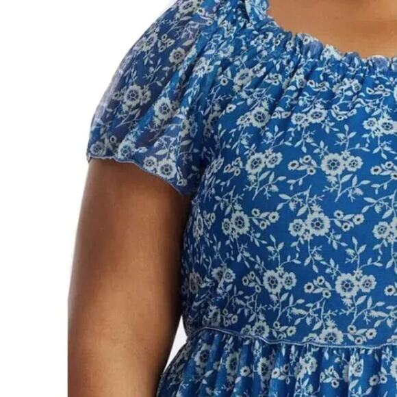 New Max Studio Plus Floral Print Mesh Overlay Flutter Sleeves Blouse Top - Picture 2 of 5